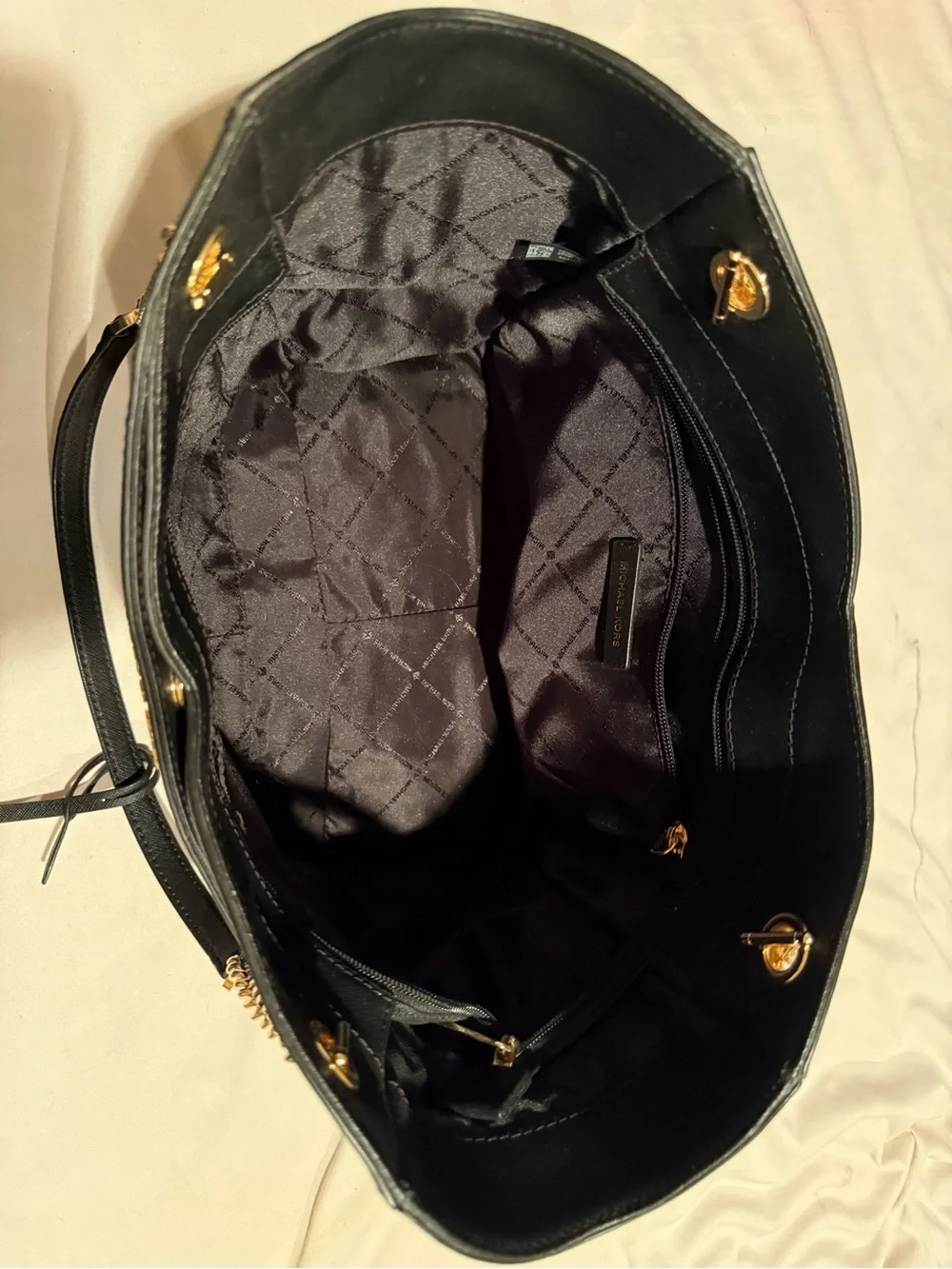 Michael Kors Black Saffiano Leather Tote with Gold Chain Straps